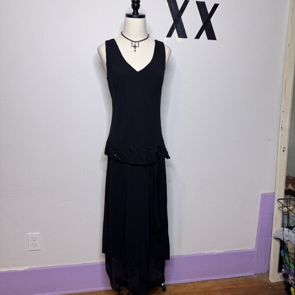 Vintage Y2K Black Drop Waist Maxi Dress Flowy Sleeveless 10